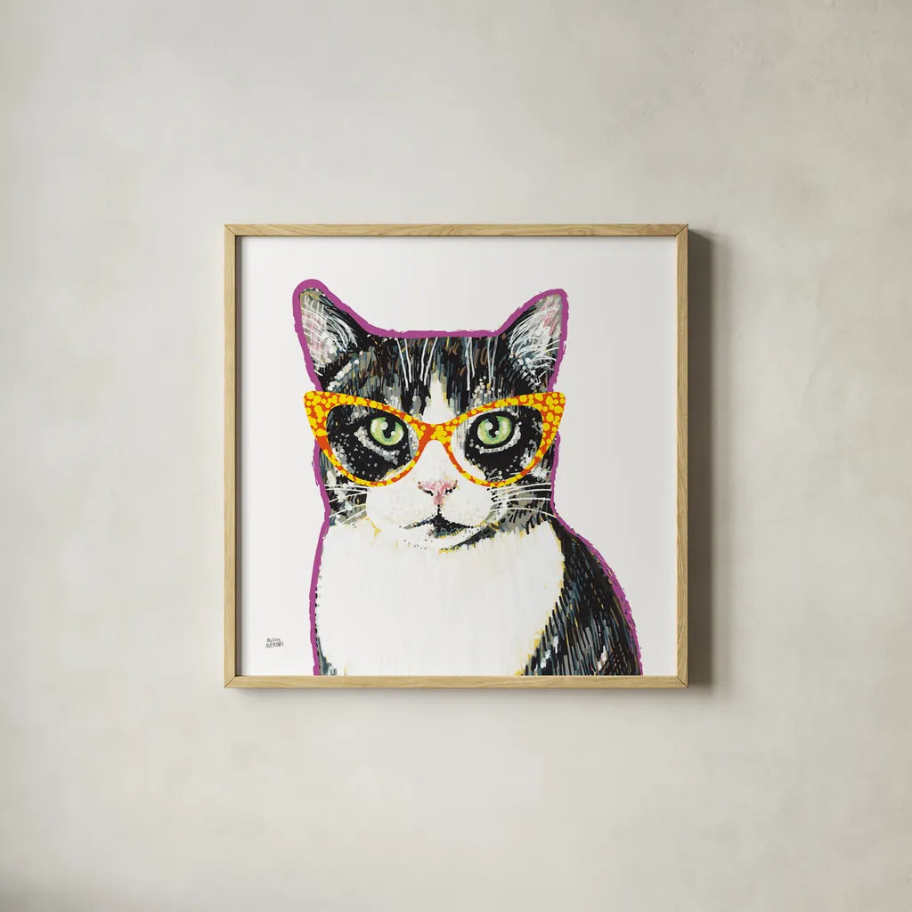 Bespectacled Pet III by Melissa Averinos. Shown in a natural wood glass frame for a timeless modern aesthetic. Available as an archival giclee rolled canvas, fine art paper, or poster print. SKU 54789a.