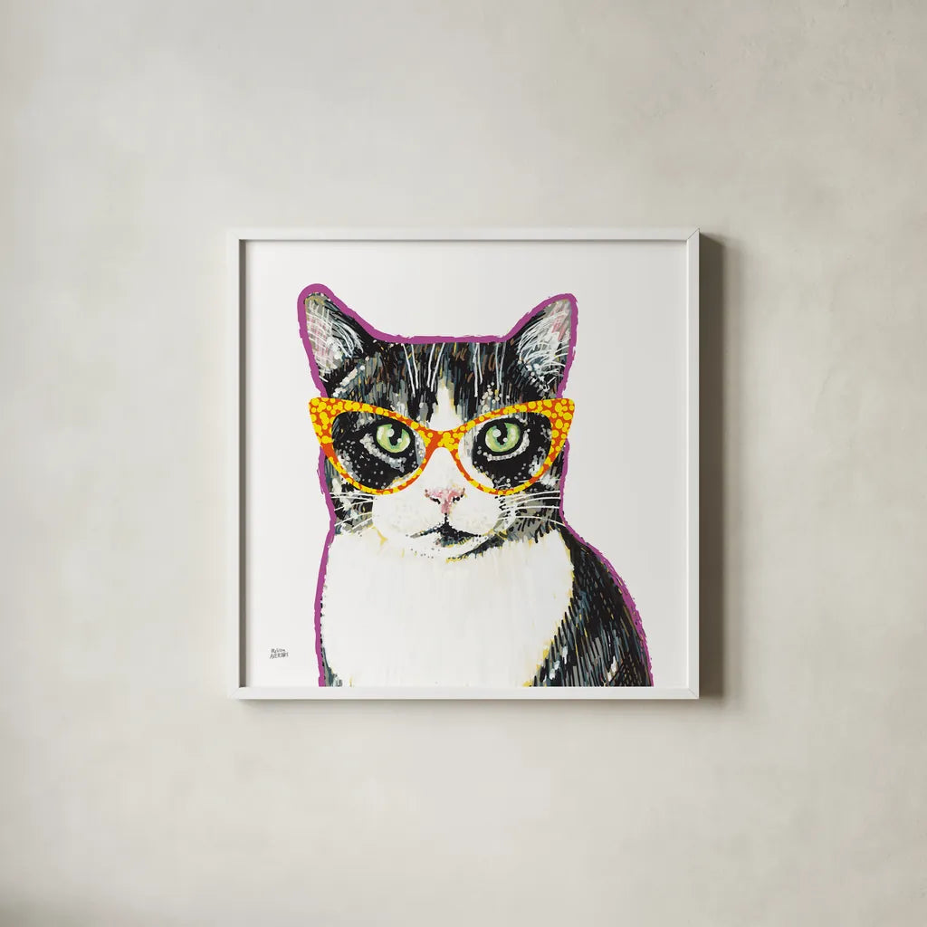 Bespectacled Pet III by Melissa Averinos. Shown in a crisp white glass frame for a clean and minimalist style. Available as an archival giclee rolled canvas, fine art paper, or poster print. SKU 54789a.