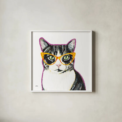 Bespectacled Pet III by Melissa Averinos. Shown in a crisp white glass frame for a clean and minimalist style. Available as an archival giclee rolled canvas, fine art paper, or poster print. SKU 54789a.