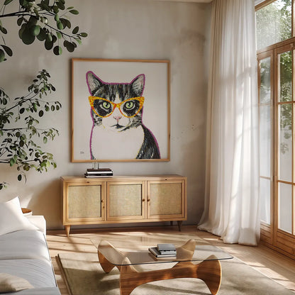 Bespectacled Pet III by Melissa Averinos. Shown in a natural wood frame in a cozy modern living room. Available as an archival giclee rolled canvas, fine art paper, or poster print. SKU 54789a.