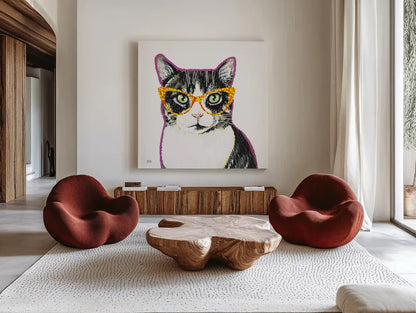 Bespectacled Pet III by Melissa Averinos. Shown as extra-large giant wall art in a modern living room. Available as an archival giclee rolled canvas, fine art paper, or poster print. SKU 54789a.