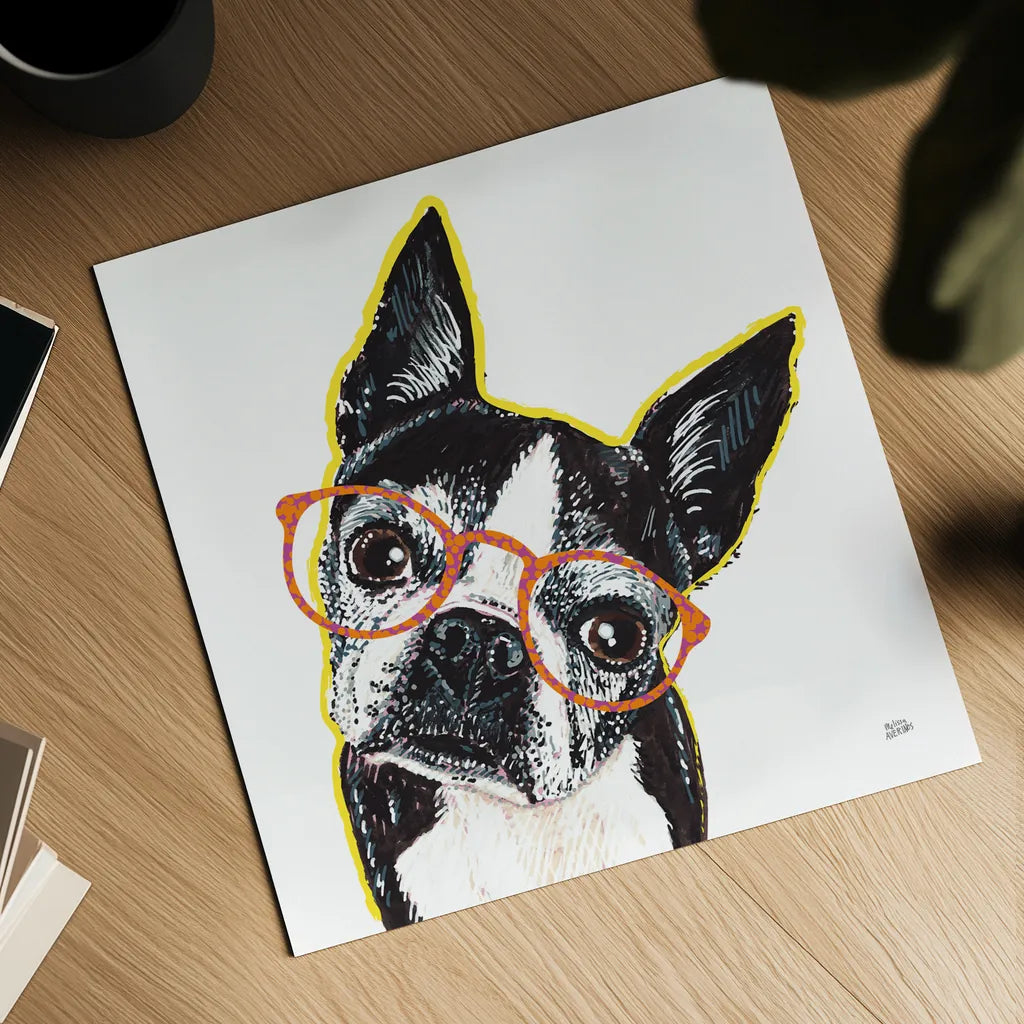 Bespectacled Pet IV by Melissa Averinos. Shown as a detailed flat fine art print, highlighting archival giclee quality. Available as an archival giclee rolled canvas, fine art paper, or poster print. SKU 54790a.
