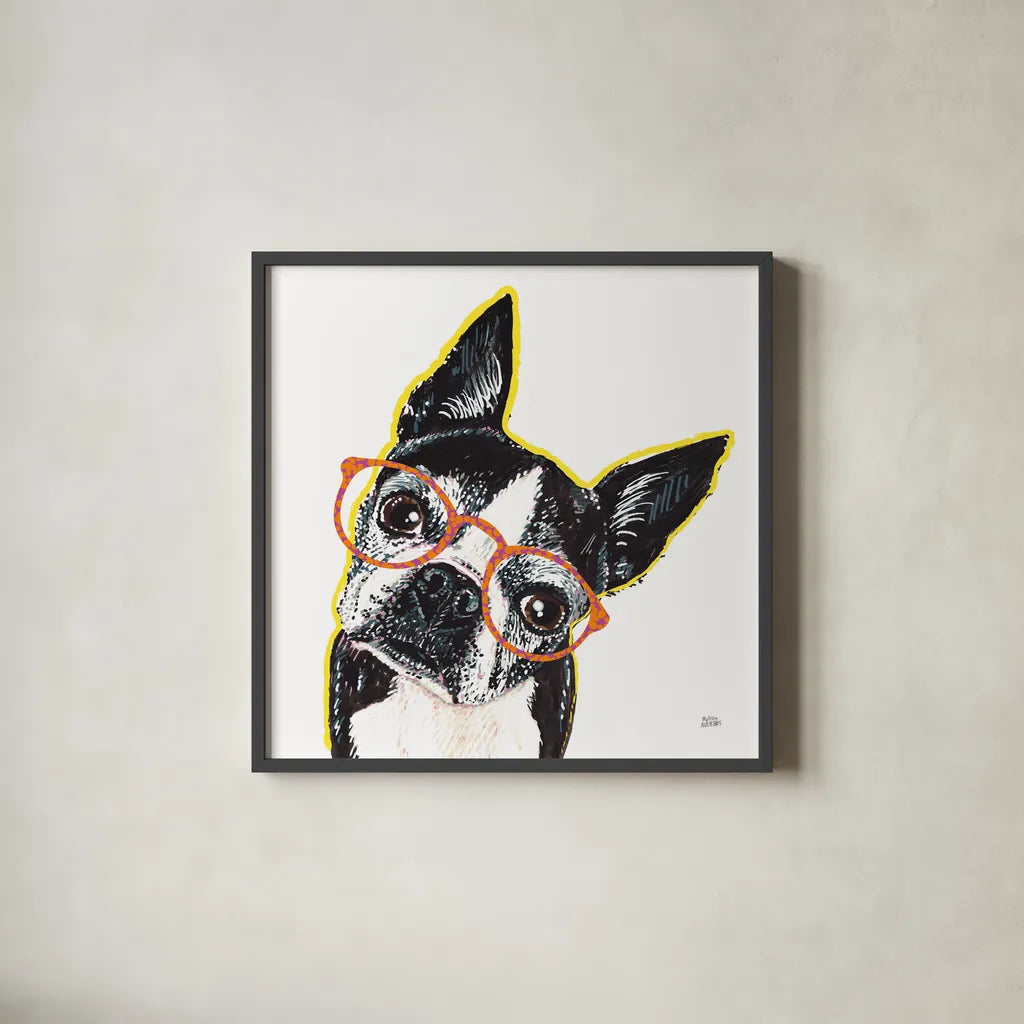 Bespectacled Pet IV by Melissa Averinos. Shown in a sleek black glass frame for a contemporary gallery look. Available as an archival giclee rolled canvas, fine art paper, or poster print. SKU 54790a.