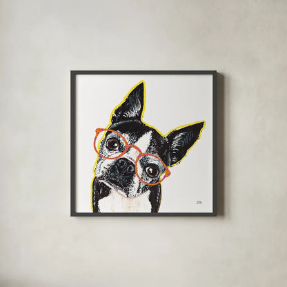 Bespectacled Pet IV by Melissa Averinos. Shown in a sleek black glass frame for a contemporary gallery look. Available as an archival giclee rolled canvas, fine art paper, or poster print. SKU 54790a.