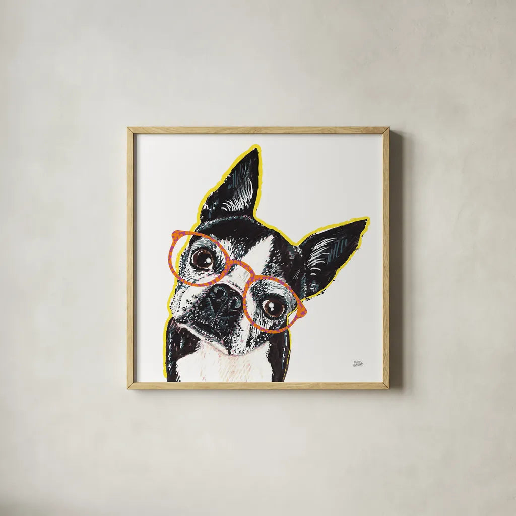 Bespectacled Pet IV by Melissa Averinos. Shown in a natural wood glass frame for a timeless modern aesthetic. Available as an archival giclee rolled canvas, fine art paper, or poster print. SKU 54790a.
