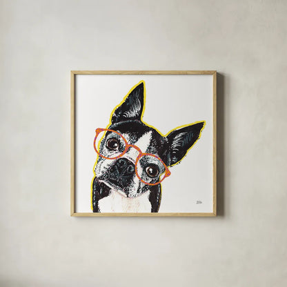 Bespectacled Pet IV by Melissa Averinos. Shown in a natural wood glass frame for a timeless modern aesthetic. Available as an archival giclee rolled canvas, fine art paper, or poster print. SKU 54790a.