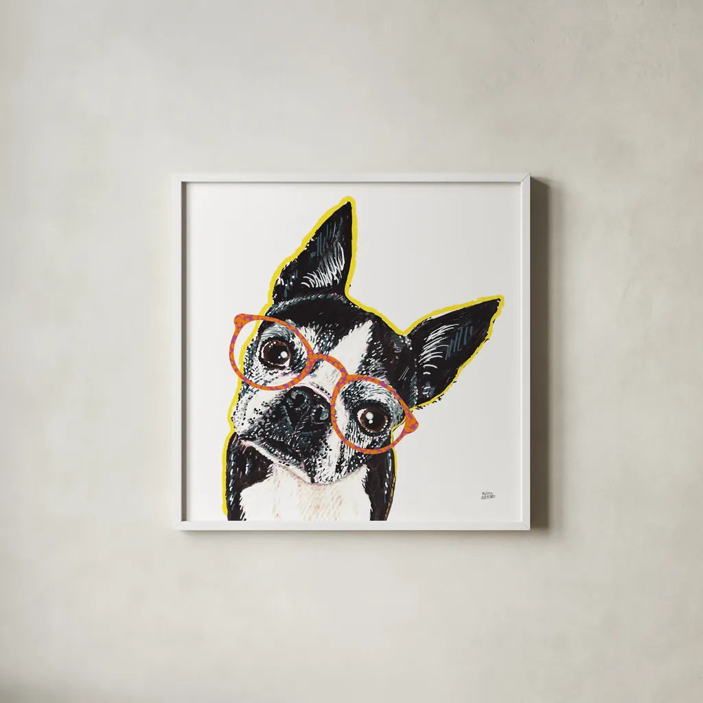 Bespectacled Pet IV by Melissa Averinos. Shown in a crisp white glass frame for a clean and minimalist style. Available as an archival giclee rolled canvas, fine art paper, or poster print. SKU 54790a.