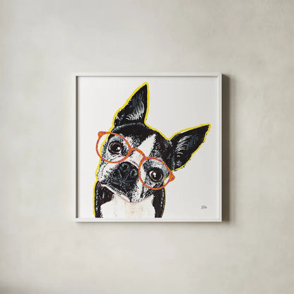 Bespectacled Pet IV by Melissa Averinos. Shown in a crisp white glass frame for a clean and minimalist style. Available as an archival giclee rolled canvas, fine art paper, or poster print. SKU 54790a.