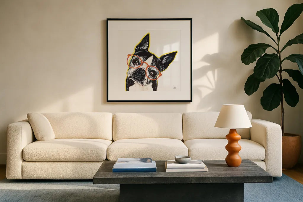Bespectacled Pet IV by Melissa Averinos. Displayed in a glass frame with matte in a clean modern living room. Available as an archival giclee rolled canvas, fine art paper, or poster print. SKU 54790a.