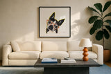 Bespectacled Pet IV by Melissa Averinos. Displayed in a glass frame with matte in a clean modern living room. Available as an archival giclee rolled canvas, fine art paper, or poster print. SKU 54790a.