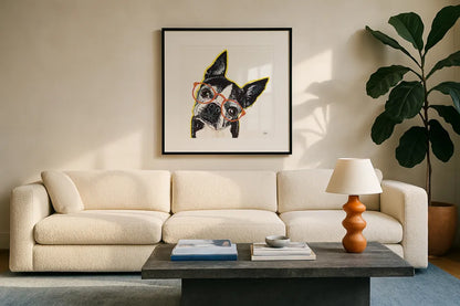 Bespectacled Pet IV by Melissa Averinos. Displayed in a glass frame with matte in a clean modern living room. Available as an archival giclee rolled canvas, fine art paper, or poster print. SKU 54790a.