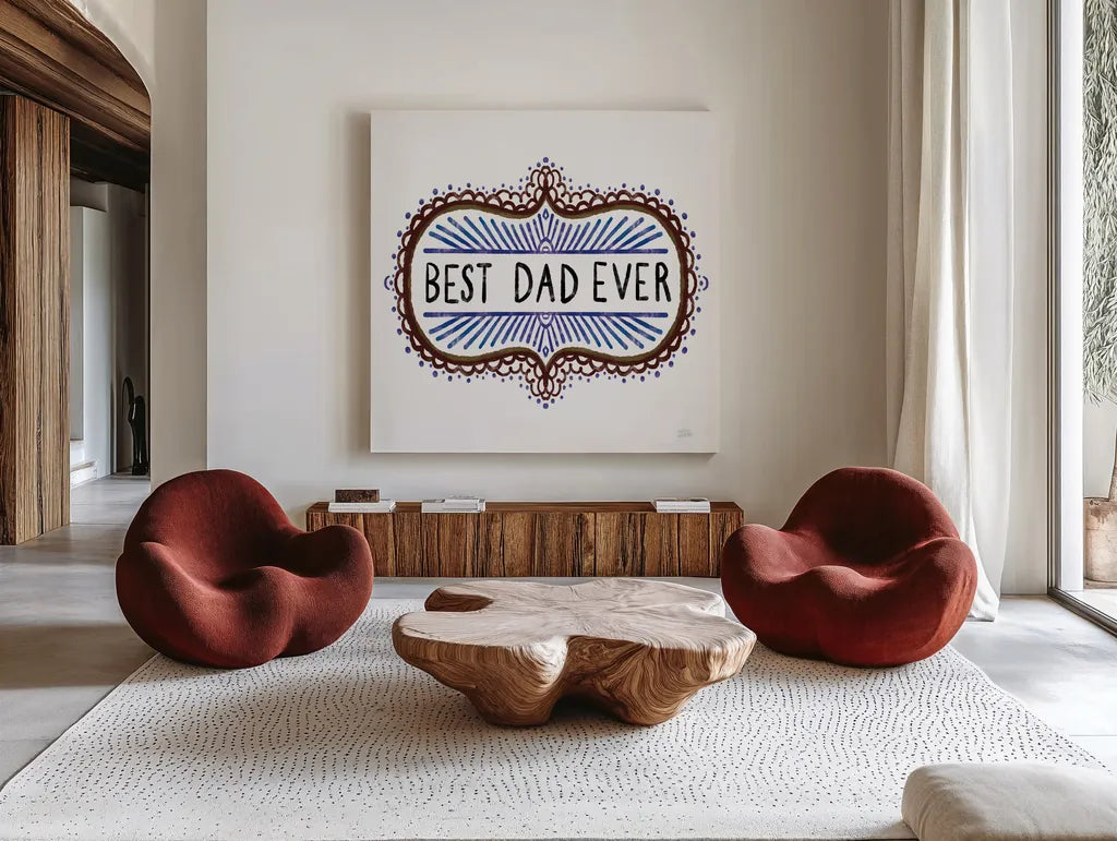 Best Dad Ever by Melissa Averinos. Shown as extra-large giant wall art in a modern living room. Available as an archival giclee rolled canvas, fine art paper, or poster print. SKU 59975a.