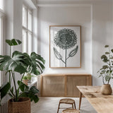 Bloom Town I by Melissa Averinos. shown as a print in a natural wood frame in a dining room. Available as a archival giclee rolled canvas, fine art paper, or poster print. SKU 34012h.