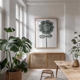 Bloom Town III by Melissa Averinos. shown as a print in a natural wood frame in a dining room. Available as a archival giclee rolled canvas, fine art paper, or poster print. SKU 34014h.