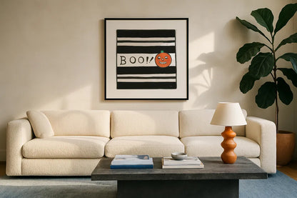 Boo by Melissa Averinos. Displayed in a glass frame with matte in a clean modern living room. Available as an archival giclee rolled canvas, fine art paper, or poster print. SKU 57876a.