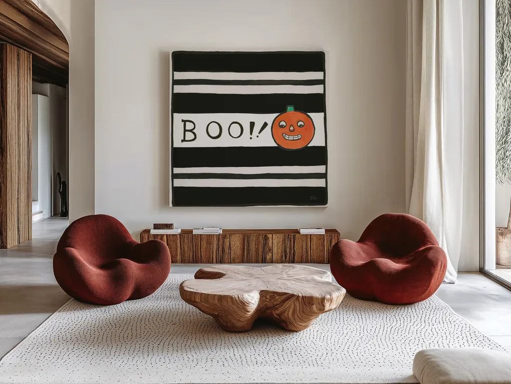 Boo by Melissa Averinos. Shown as extra-large giant wall art in a modern living room. Available as an archival giclee rolled canvas, fine art paper, or poster print. SKU 57876a.