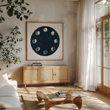 Celestial Map by Melissa Averinos. Shown in a natural wood frame in a cozy modern living room. Available as an archival giclee rolled canvas, fine art paper, or poster print. SKU 65379a.