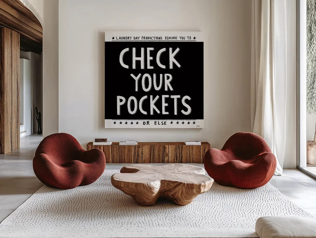 Check Your Pockets by Melissa Averinos. Shown as extra-large giant wall art in a modern living room. Available as an archival giclee rolled canvas, fine art paper, or poster print. SKU 59465a.