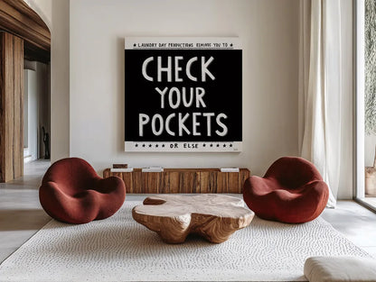 Check Your Pockets by Melissa Averinos. Shown as extra-large giant wall art in a modern living room. Available as an archival giclee rolled canvas, fine art paper, or poster print. SKU 59465a.