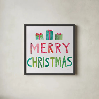 Christmas Collage III by Melissa Averinos. Shown in a sleek black glass frame for a contemporary gallery look. Available as an archival giclee rolled canvas, fine art paper, or poster print. SKU 33137a.