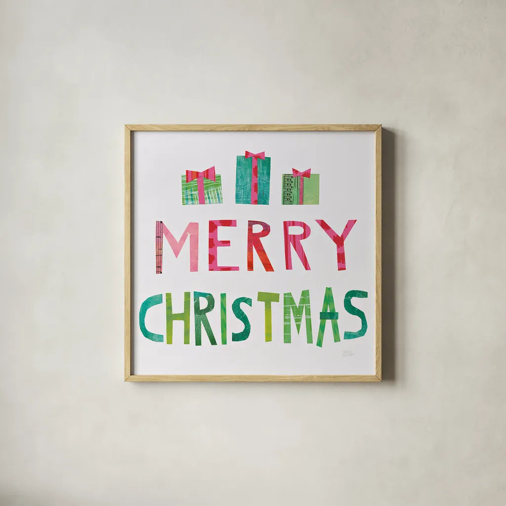 Christmas Collage III by Melissa Averinos. Shown in a natural wood glass frame for a timeless modern aesthetic. Available as an archival giclee rolled canvas, fine art paper, or poster print. SKU 33137a.