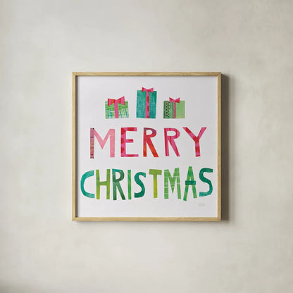 Christmas Collage III by Melissa Averinos. Shown in a natural wood glass frame for a timeless modern aesthetic. Available as an archival giclee rolled canvas, fine art paper, or poster print. SKU 33137a.