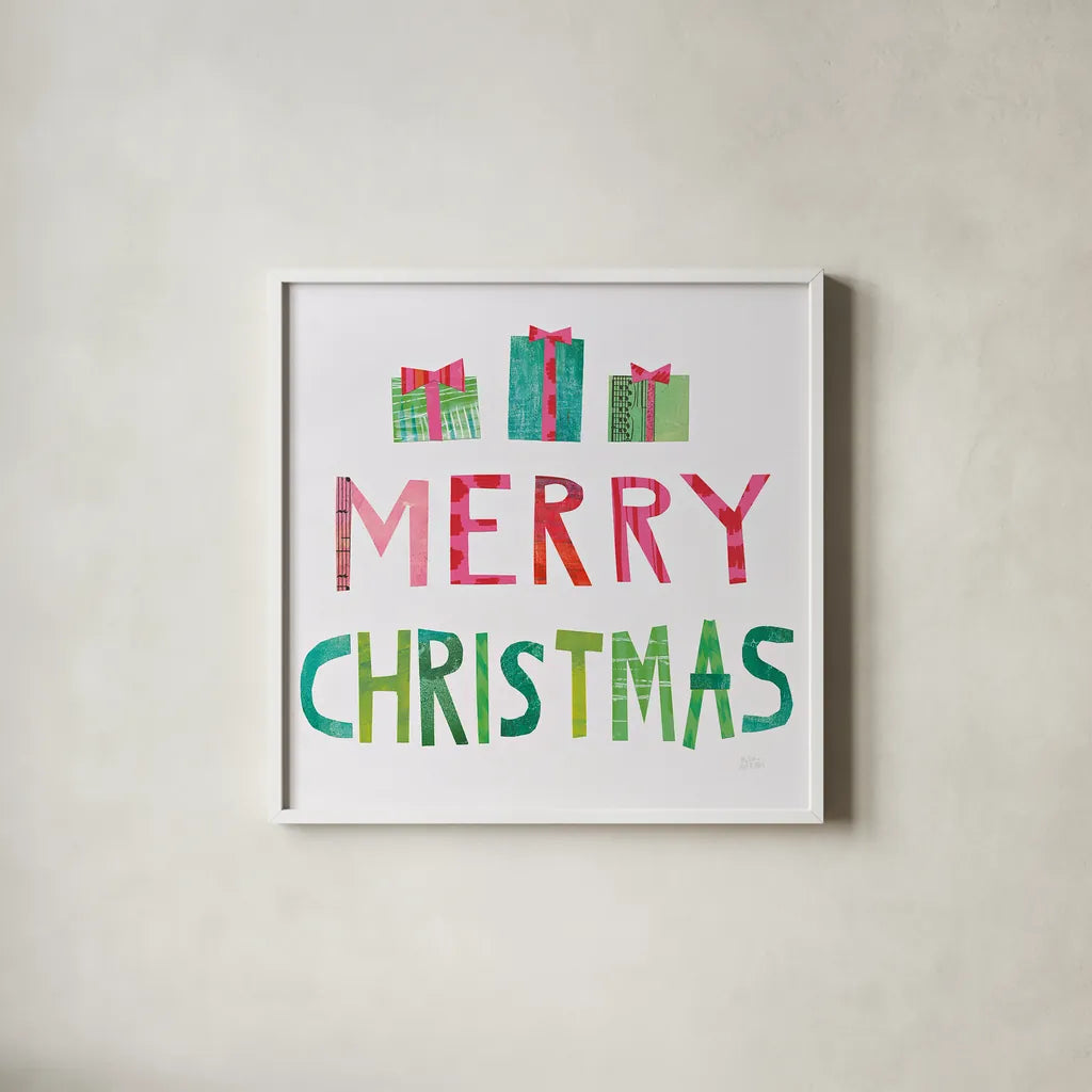 Christmas Collage III by Melissa Averinos. Shown in a crisp white glass frame for a clean and minimalist style. Available as an archival giclee rolled canvas, fine art paper, or poster print. SKU 33137a.