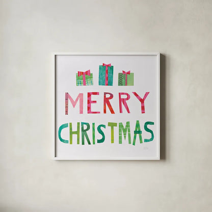 Christmas Collage III by Melissa Averinos. Shown in a crisp white glass frame for a clean and minimalist style. Available as an archival giclee rolled canvas, fine art paper, or poster print. SKU 33137a.