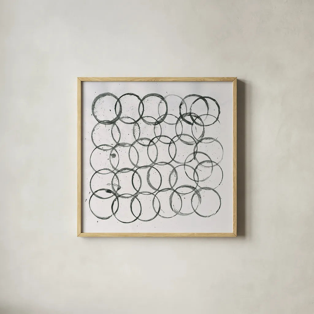 Circle Element 2 by Melissa Averinos. Shown in a natural wood glass frame for a timeless modern aesthetic. Available as an archival giclee rolled canvas, fine art paper, or poster print. SKU 28959a.