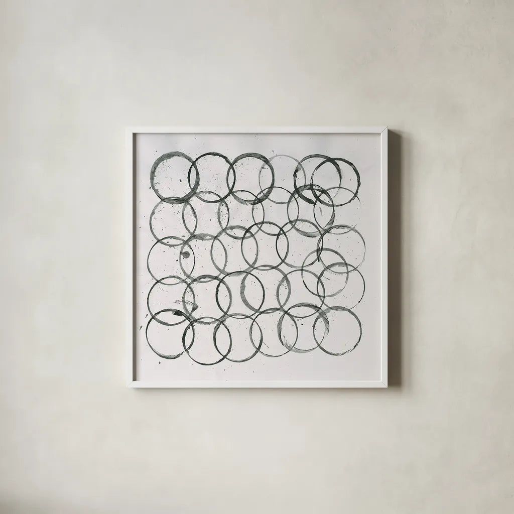 Circle Element 2 by Melissa Averinos. Shown in a crisp white glass frame for a clean and minimalist style. Available as an archival giclee rolled canvas, fine art paper, or poster print. SKU 28959a.