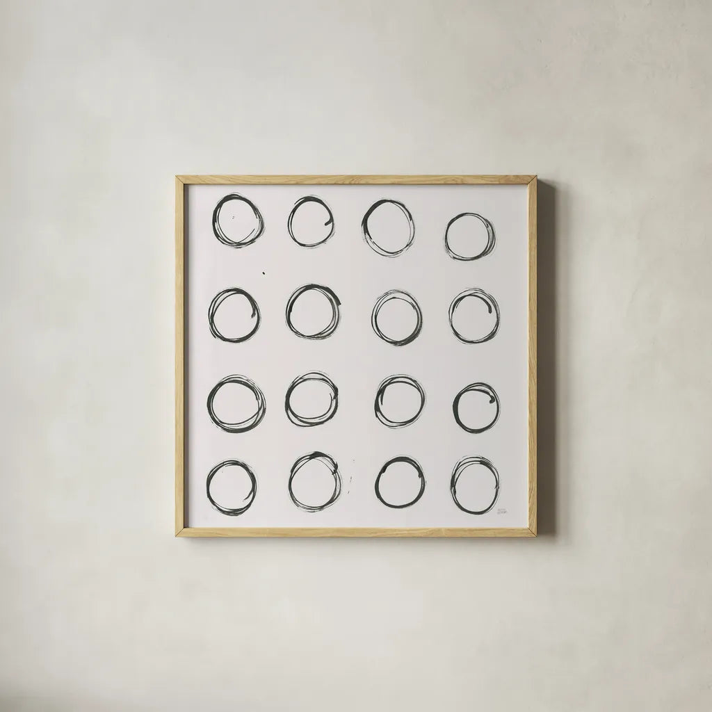 Circle Element 3 by Melissa Averinos. Shown in a natural wood glass frame for a timeless modern aesthetic. Available as an archival giclee rolled canvas, fine art paper, or poster print. SKU 28960a.