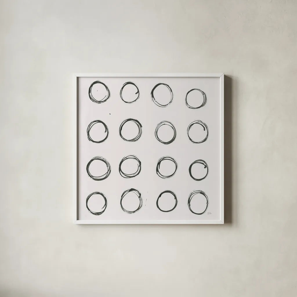 Circle Element 3 by Melissa Averinos. Shown in a crisp white glass frame for a clean and minimalist style. Available as an archival giclee rolled canvas, fine art paper, or poster print. SKU 28960a.