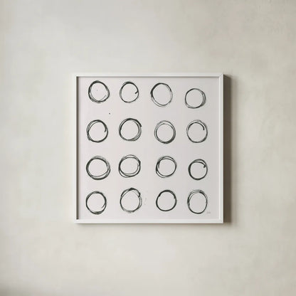 Circle Element 3 by Melissa Averinos. Shown in a crisp white glass frame for a clean and minimalist style. Available as an archival giclee rolled canvas, fine art paper, or poster print. SKU 28960a.