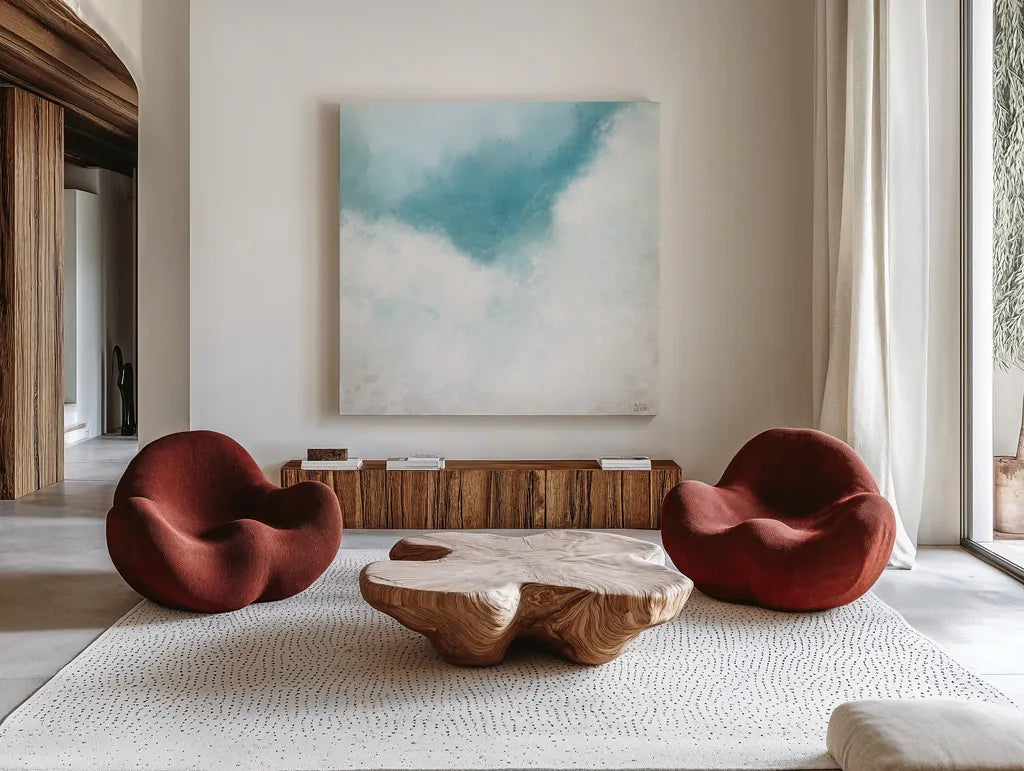 Cloudscape I by Melissa Averinos. Shown as extra-large giant wall art in a modern living room. Available as an archival giclee rolled canvas, fine art paper, or poster print. SKU 59176a.
