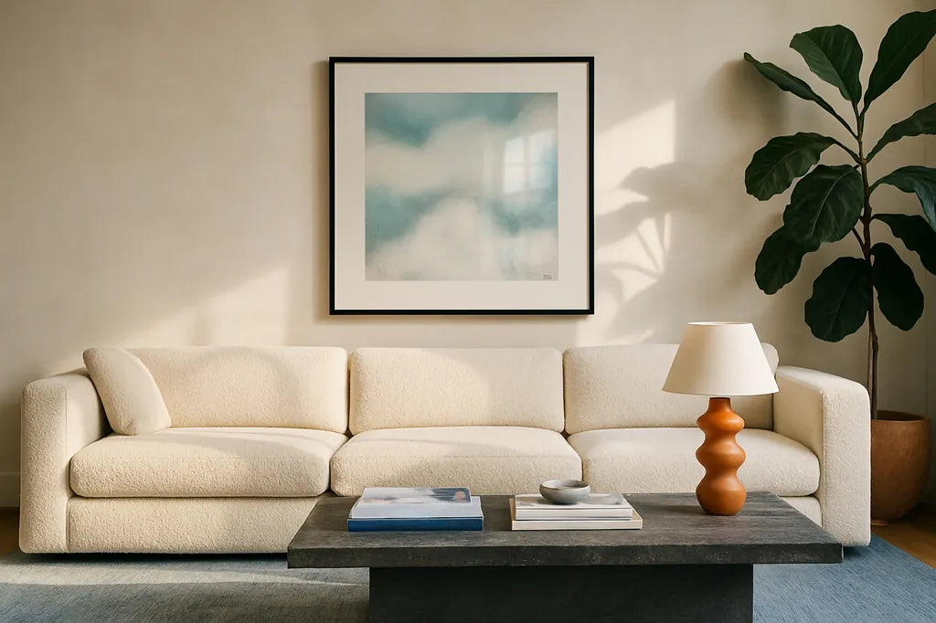 Cloudscape II by Melissa Averinos. Displayed in a glass frame with matte in a clean modern living room. Available as an archival giclee rolled canvas, fine art paper, or poster print. SKU 59177a.