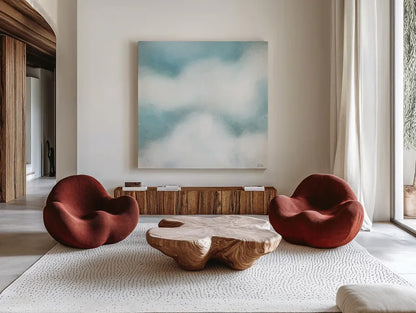 Cloudscape II by Melissa Averinos. Shown as extra-large giant wall art in a modern living room. Available as an archival giclee rolled canvas, fine art paper, or poster print. SKU 59177a.