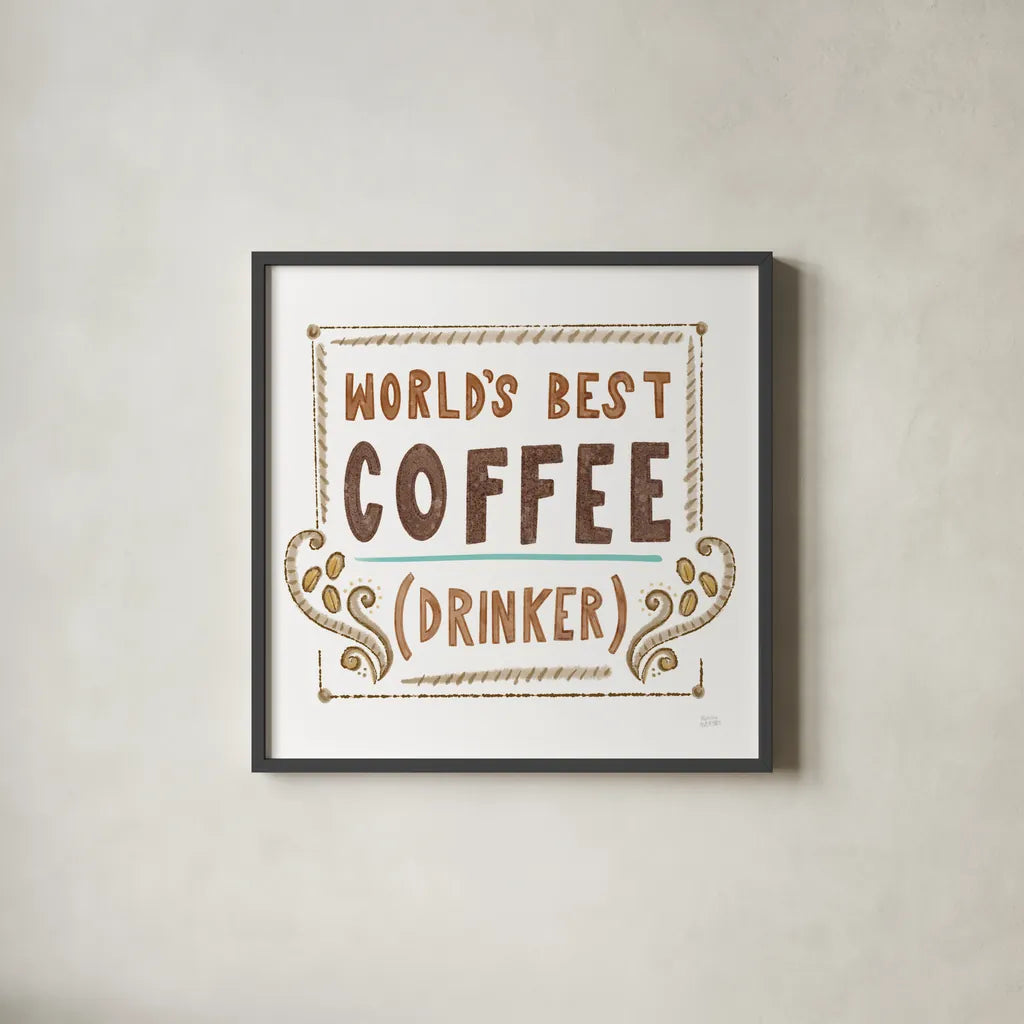 Coffee is Life II by Melissa Averinos. Shown in a sleek black glass frame for a contemporary gallery look. Available as an archival giclee rolled canvas, fine art paper, or poster print. SKU 59974a.