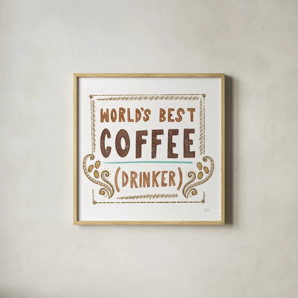 Coffee is Life II by Melissa Averinos. Shown in a natural wood glass frame for a timeless modern aesthetic. Available as an archival giclee rolled canvas, fine art paper, or poster print. SKU 59974a.