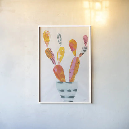 Collage Cactus IV by Melissa Averinos. shown as a paper print in a white frame. Available as a archival giclee rolled canvas, fine art paper, or poster print. SKU 23878h.