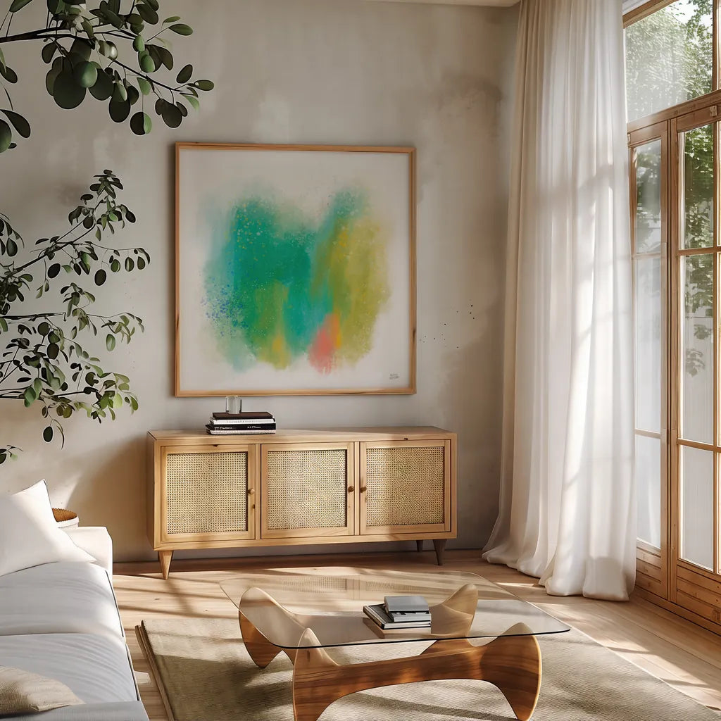 Color Full by Melissa Averinos. Shown in a natural wood frame in a cozy modern living room. Available as an archival giclee rolled canvas, fine art paper, or poster print. SKU 64435a.