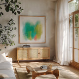 Color Full by Melissa Averinos. Shown in a natural wood frame in a cozy modern living room. Available as an archival giclee rolled canvas, fine art paper, or poster print. SKU 64435a.