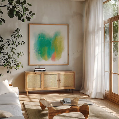 Color Full by Melissa Averinos. Shown in a natural wood frame in a cozy modern living room. Available as an archival giclee rolled canvas, fine art paper, or poster print. SKU 64435a.