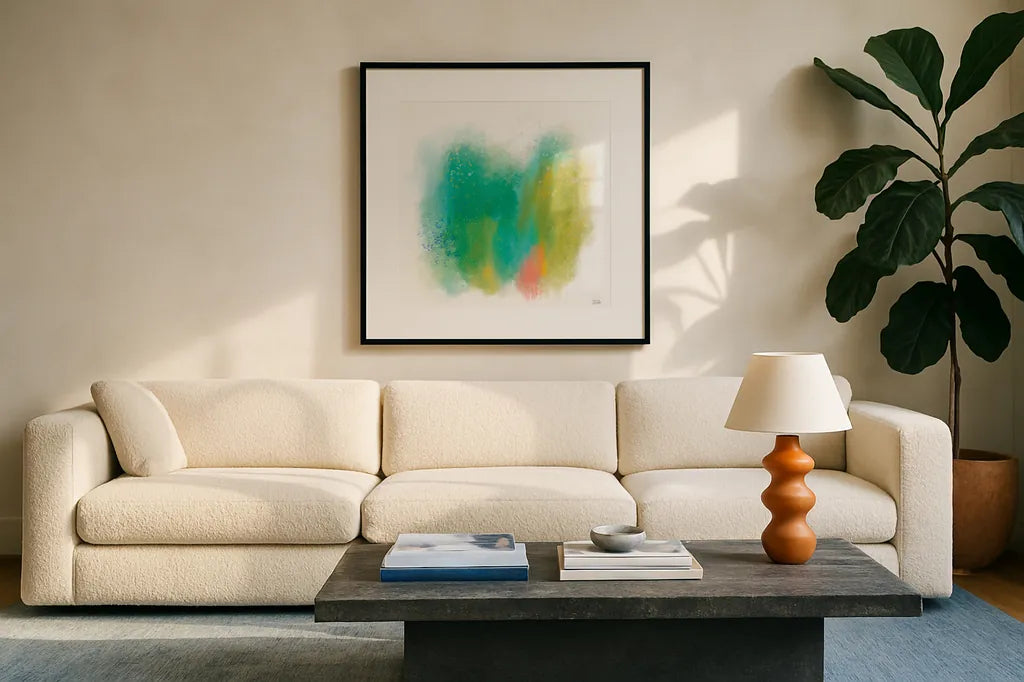 Color Full by Melissa Averinos. Displayed in a glass frame with matte in a clean modern living room. Available as an archival giclee rolled canvas, fine art paper, or poster print. SKU 64435a.