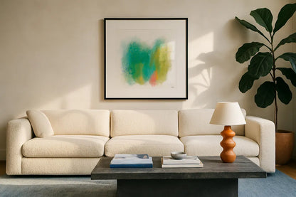 Color Full by Melissa Averinos. Displayed in a glass frame with matte in a clean modern living room. Available as an archival giclee rolled canvas, fine art paper, or poster print. SKU 64435a.