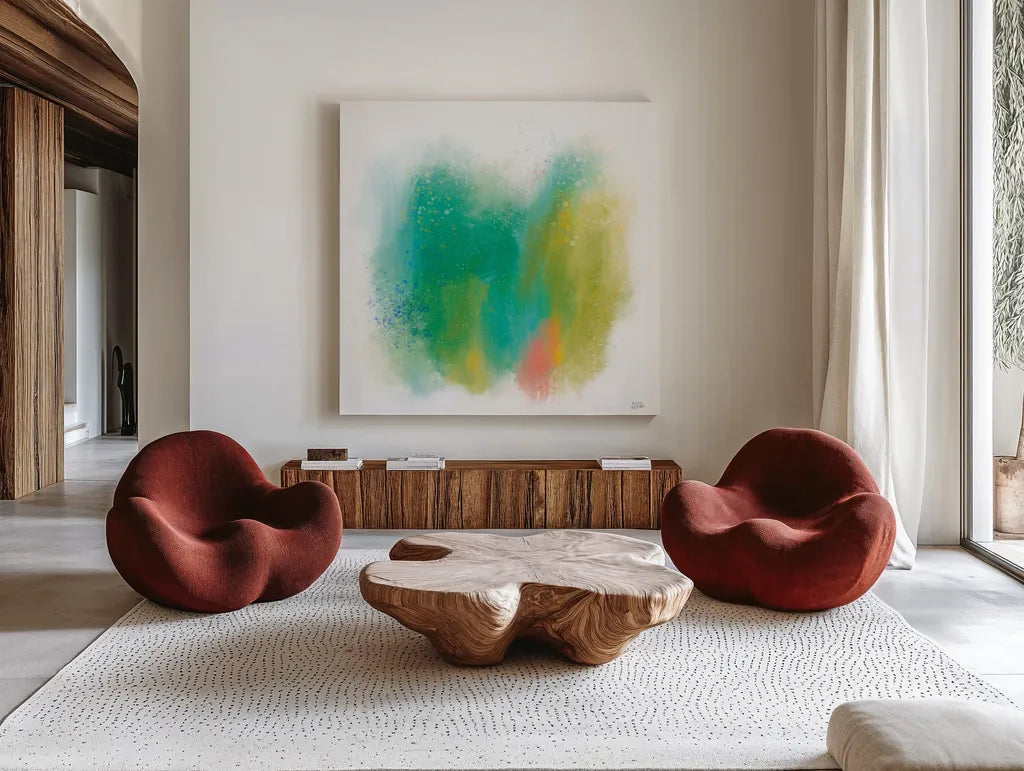 Color Full by Melissa Averinos. Shown as extra-large giant wall art in a modern living room. Available as an archival giclee rolled canvas, fine art paper, or poster print. SKU 64435a.