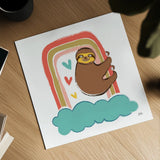 Colorful Sloth I by Melissa Averinos. Shown as a detailed flat fine art print, highlighting archival giclee quality. Available as an archival giclee rolled canvas, fine art paper, or poster print. SKU 56789a.