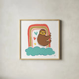 Colorful Sloth I by Melissa Averinos. Shown in a natural wood glass frame for a timeless modern aesthetic. Available as an archival giclee rolled canvas, fine art paper, or poster print. SKU 56789a.