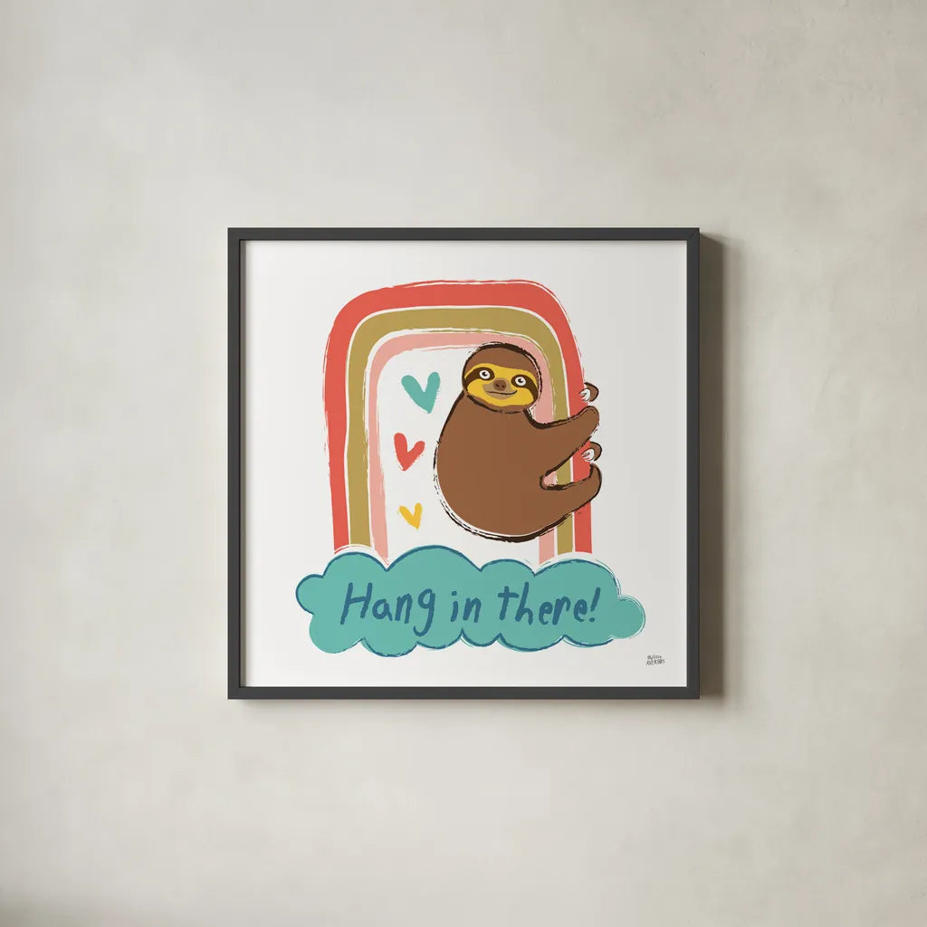 Colorful Sloth I v2 by Melissa Averinos. Shown in a sleek black glass frame for a contemporary gallery look. Available as an archival giclee rolled canvas, fine art paper, or poster print. SKU 56791a.