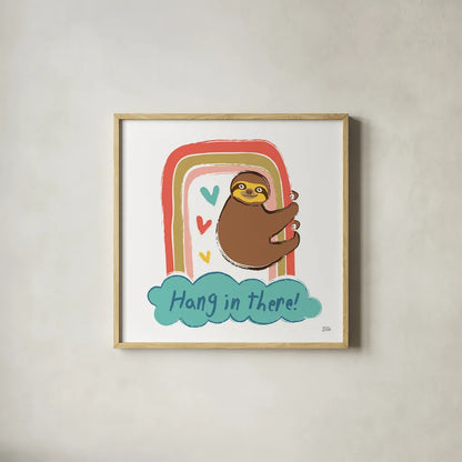 Colorful Sloth I v2 by Melissa Averinos. Shown in a natural wood glass frame for a timeless modern aesthetic. Available as an archival giclee rolled canvas, fine art paper, or poster print. SKU 56791a.