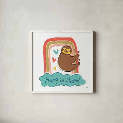 Colorful Sloth I v2 by Melissa Averinos. Shown in a crisp white glass frame for a clean and minimalist style. Available as an archival giclee rolled canvas, fine art paper, or poster print. SKU 56791a.